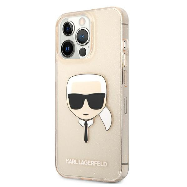 Kryt Karl Lagerfeld KLHCP13LKHTUGLGO Apple iPhone 13 Pro gold hardcase Glitter Karl`s Head