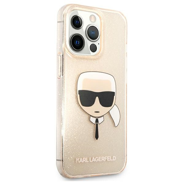 Kryt Karl Lagerfeld KLHCP13LKHTUGLGO Apple iPhone 13 Pro gold hardcase Glitter Karl`s Head