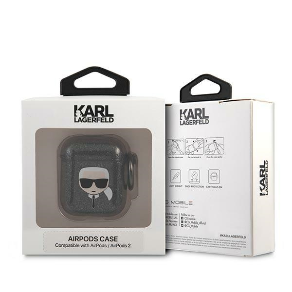 Kryt Karl Lagerfeld KLA2UKHGK Apple AirPods cover black Glitter Karl`s Head