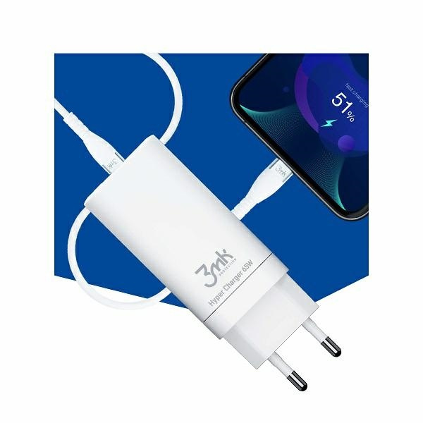 Síťová nabíječka 3MK HyperCharger 65W 2xUSB-C + USB-A GaN PD 3.0 QC 4.0 white