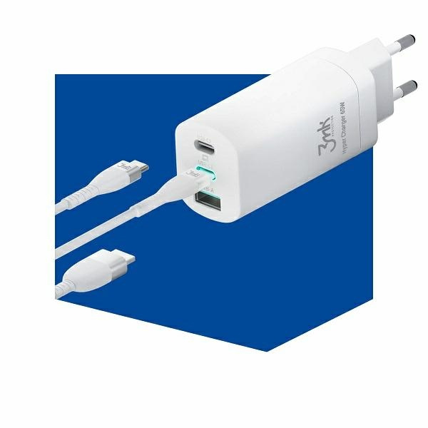 Síťová nabíječka 3MK HyperCharger 65W 2xUSB-C + USB-A GaN PD 3.0 QC 4.0 white