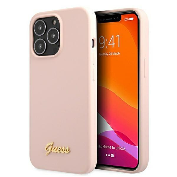 Kryt Guess GUHMP13LLSLMGLP Apple iPhone 13 Pro light pink hardcase Silicone Script Gold Logo Magsafe