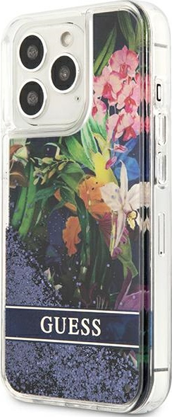 Kryt Guess GUHCP13LLFLSB Apple iPhone 13 Pro blue hardcase Flower Liquid Glitter