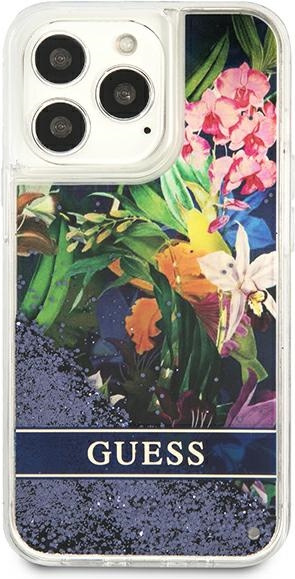 Kryt Guess GUHCP13LLFLSB Apple iPhone 13 Pro blue hardcase Flower Liquid Glitter