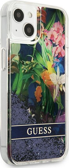 Kryt Guess GUHCP13SLFLSB Apple iPhone 13 mini blue hardcase Flower Liquid Glitter