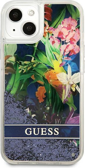 Kryt Guess GUHCP13SLFLSB Apple iPhone 13 mini blue hardcase Flower Liquid Glitter