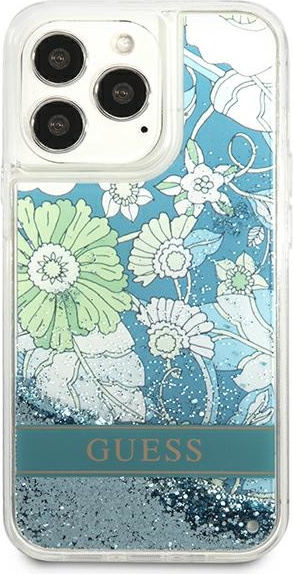 Kryt Guess GUHCP13LLFLSN Apple iPhone 13 Pro green hardcase Flower Liquid Glitter