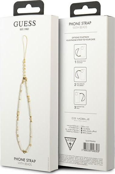 Šňůrka na mobil Guess GUSTPEARW Phone Strap white Heishi Beads