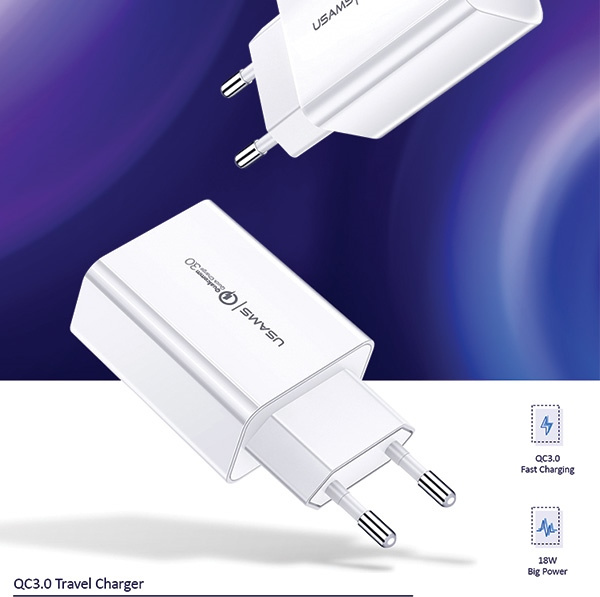 Síťová nabíječka USAMS  1xUSB T22 18W 3A QC3.0 Fast Charging white CC83TC01 (US-CC083)