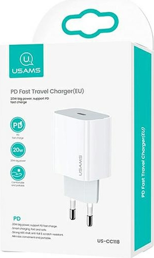 Síťová nabíječka USAMS 1xUSB-C T34 20W 5V-3A PD3.0 Fast Charging white CC118TC01 (US-CC118)