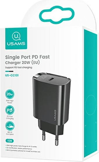 Síťová nabíječka USAMS 1xUSB-C T39 20W PD3.0 Fast Charging black CC131TC01 (US-CC131)