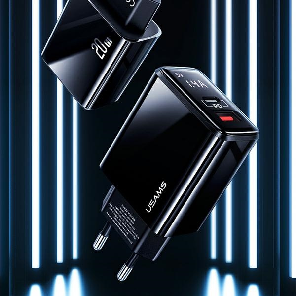 Síťová nabíječka USAMS  1xUSB-C+1xUSB T40 20W LED PD3.0 +QC3.0 Fast Charging black CC133TC01 (US-CC133)