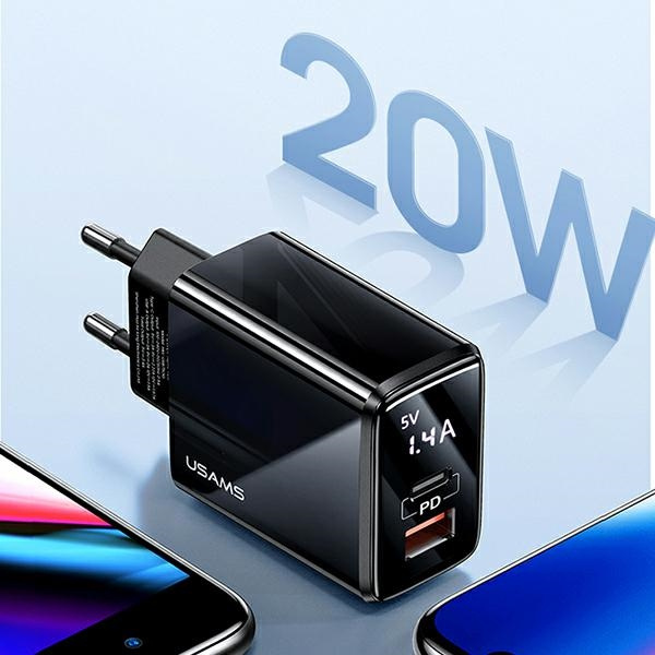 Síťová nabíječka USAMS  1xUSB-C+1xUSB T40 20W LED PD3.0 +QC3.0 Fast Charging black CC133TC01 (US-CC133)