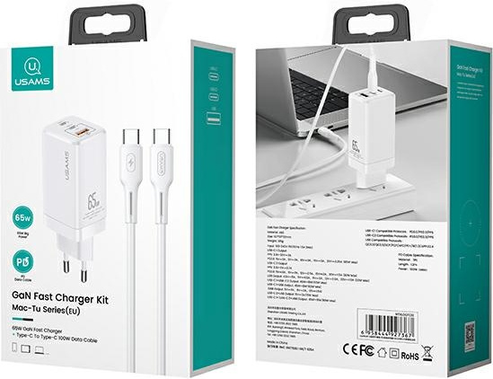 Síťová nabíječka USAMS  MT 2xUSB-C+USB GaN 65W T33 PD + cable USB-C-USB-C 100W Fast Charging white MTXLOGTC02