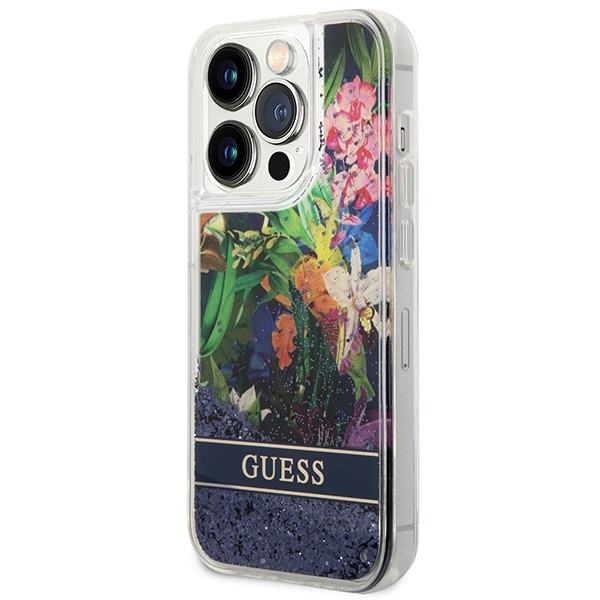 Kryt Guess GUHCP14LLFLSB Apple iPhone 14 Pro blue hardcase Flower Liquid Glitter