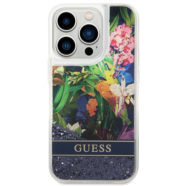 Kryt Guess GUHCP14LLFLSB Apple iPhone 14 Pro blue hardcase Flower Liquid Glitter
