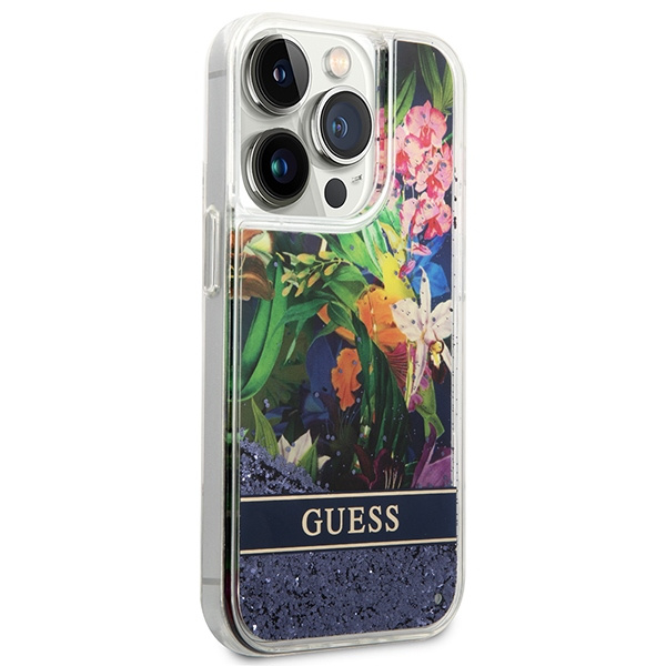Kryt Guess GUHCP14LLFLSB Apple iPhone 14 Pro blue hardcase Flower Liquid Glitter