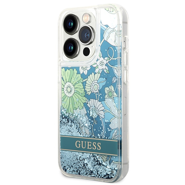 Kryt Guess GUHCP14LLFLSN Apple iPhone 14 Pro green hardcase Flower Liquid Glitter