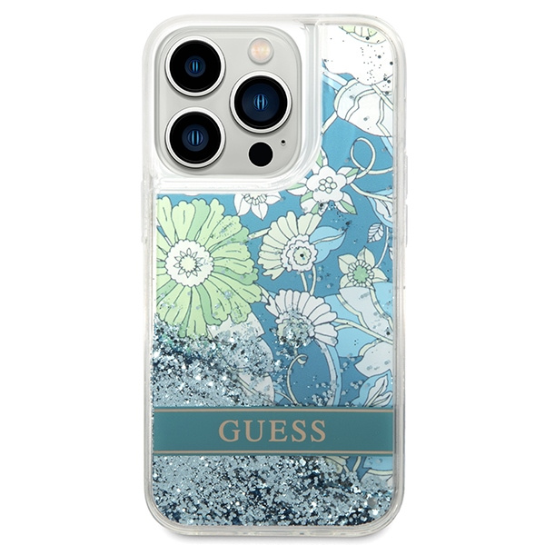 Kryt Guess GUHCP14LLFLSN Apple iPhone 14 Pro green hardcase Flower Liquid Glitter