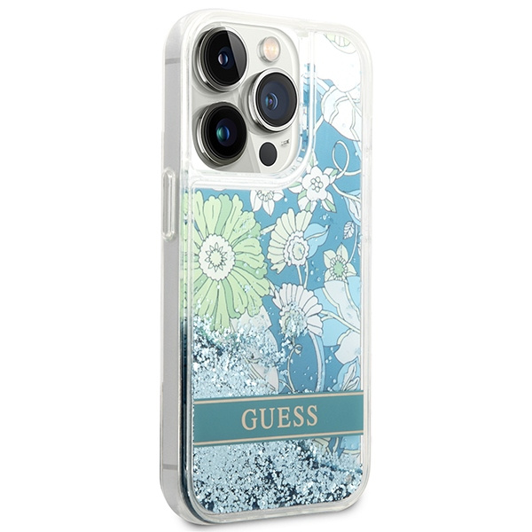 Kryt Guess GUHCP14LLFLSN Apple iPhone 14 Pro green hardcase Flower Liquid Glitter