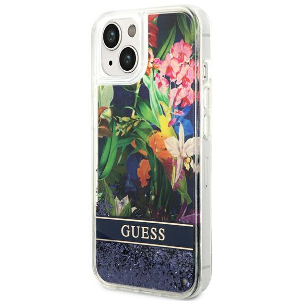 Kryt Guess GUHCP14SLFLSB Apple iPhone 14 blue hardcase Flower Liquid Glitter