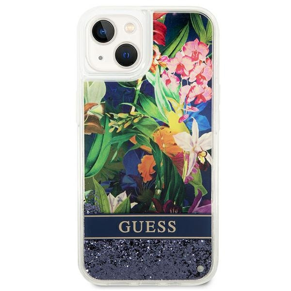 Kryt Guess GUHCP14SLFLSB Apple iPhone 14 blue hardcase Flower Liquid Glitter