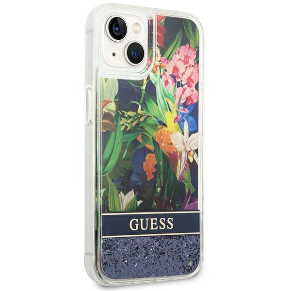 Kryt Guess GUHCP14SLFLSB Apple iPhone 14 blue hardcase Flower Liquid Glitter