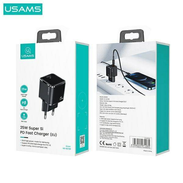 Síťová nabíječka USAMS  1xUSB-C T42 mini 25W Super SI 5V-3A PD3.0 Fast Charging black CC140TC01 (US-CC140)