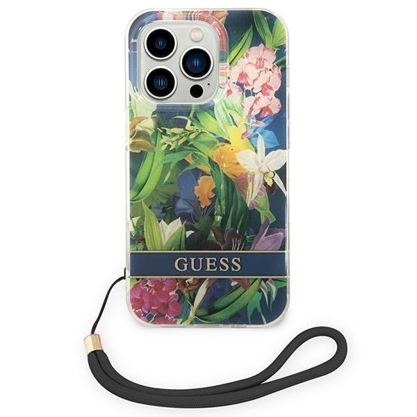 Kryt Guess GUOHCP14LHFLSB Apple iPhone 14 Pro blue hardcase Flower Strap