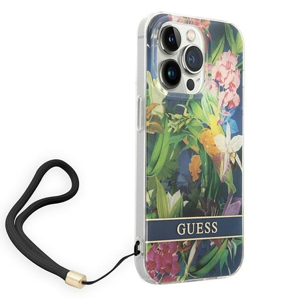 Kryt Guess GUOHCP14LHFLSB Apple iPhone 14 Pro blue hardcase Flower Strap