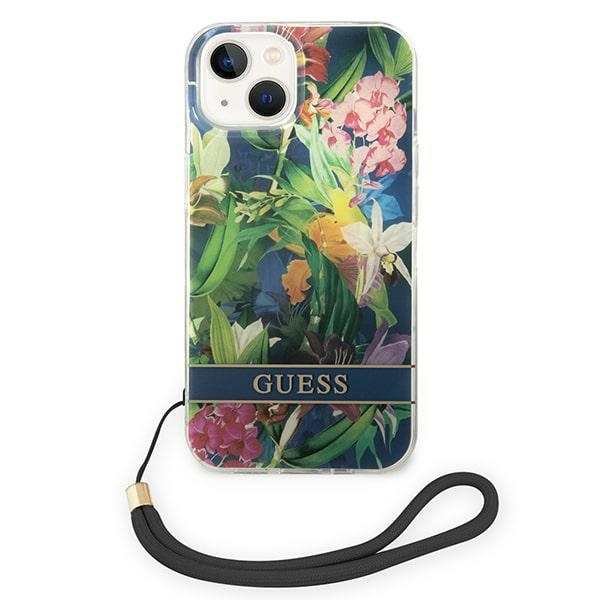 Kryt Guess GUOHCP14SHFLSB Apple iPhone 14 blue hardcase Flower Strap