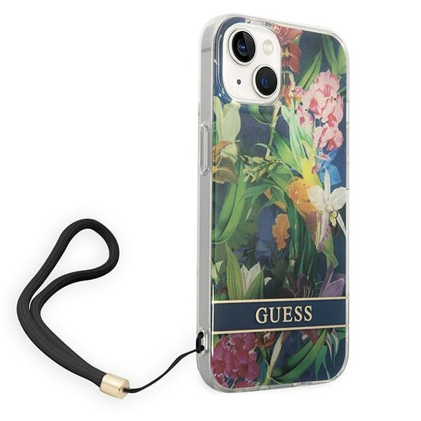 Kryt Guess GUOHCP14SHFLSB Apple iPhone 14 blue hardcase Flower Strap