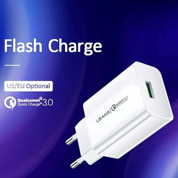 Síťová nabíječka USAMS T22  1xUSB 18W 3A QC3.0 + USB-C cable 1m white T48OCLN01