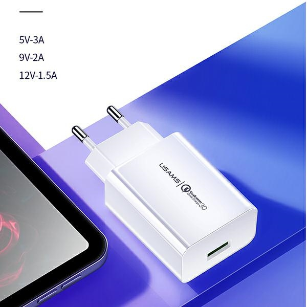 Síťová nabíječka USAMS T22  1xUSB 18W 3A QC3.0 + USB-C cable 1m white T48OCLN01