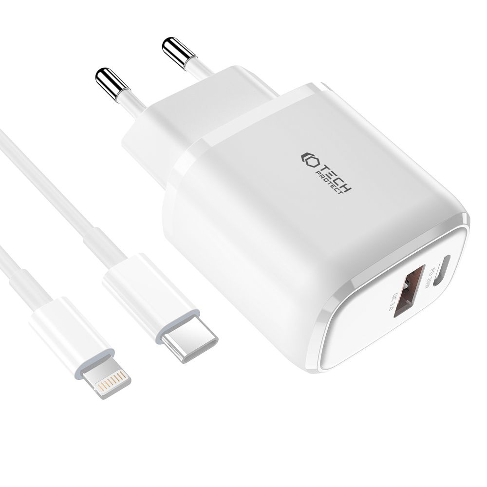 Síťová nabíječka Tech-Protect C20w 2-port Network Charger PD 20W QC 3.0 + Lightning cable White