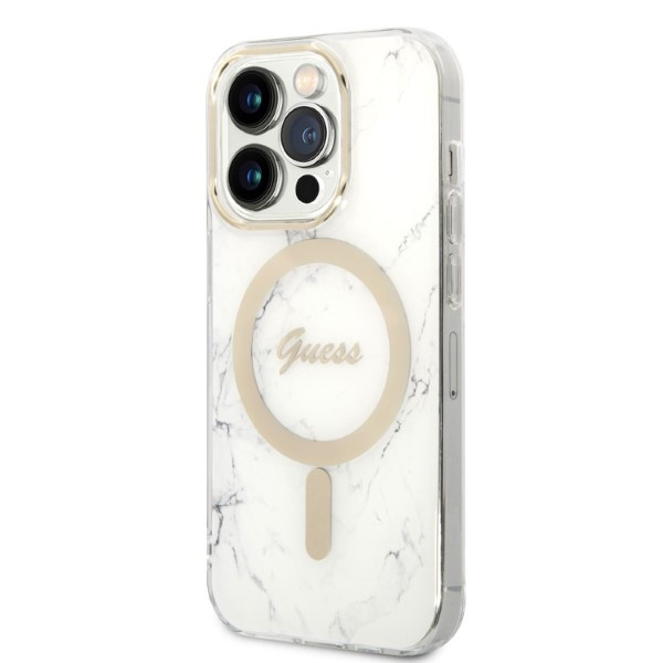 Kryt Guess GUBPP14LHMEACSH Case + Wireless Charger Apple iPhone 14 Pro white hard case Marble MagSafe