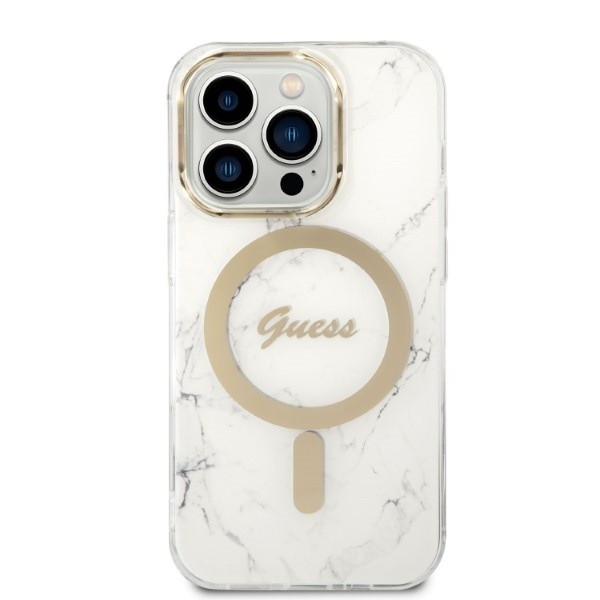 Kryt Guess GUBPP14LHMEACSH Case + Wireless Charger Apple iPhone 14 Pro white hard case Marble MagSafe