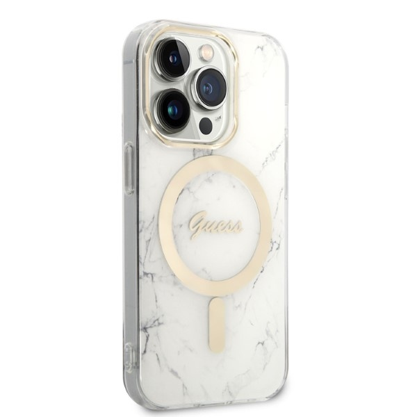 Kryt Guess GUBPP14LHMEACSH Case + Wireless Charger Apple iPhone 14 Pro white hard case Marble MagSafe