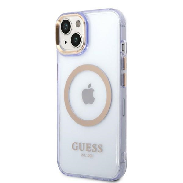 Kryt Guess GUHMP14SHTCMU Apple iPhone 14 purple hard case Gold Outline Translucent MagSafe