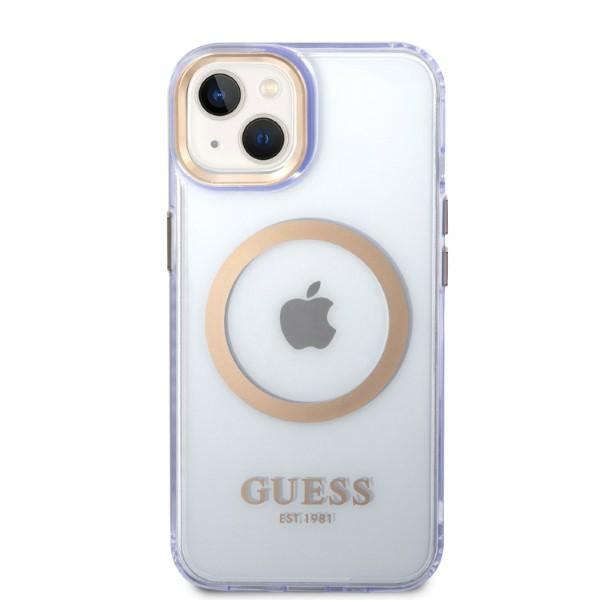 Kryt Guess GUHMP14SHTCMU Apple iPhone 14 purple hard case Gold Outline Translucent MagSafe
