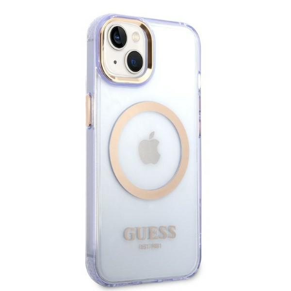 Kryt Guess GUHMP14SHTCMU Apple iPhone 14 purple hard case Gold Outline Translucent MagSafe