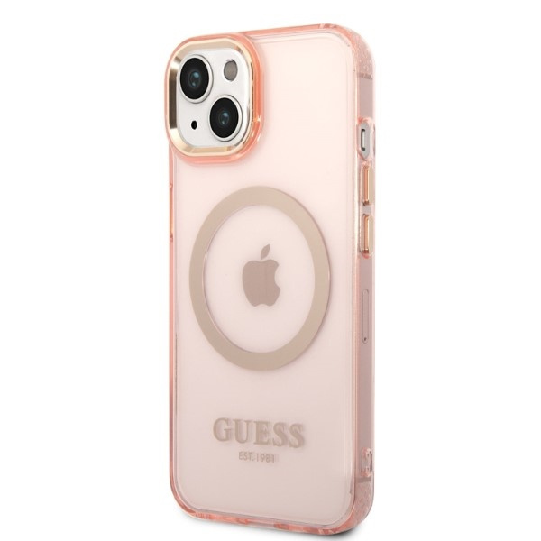 Kryt Guess GUHMP14SHTCMP Apple iPhone 14 pink hard case Gold Outline Translucent MagSafe