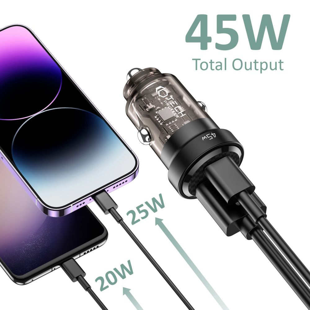 Kryt Tech-Protect CC45W 2-port Car Charger PD 45W QC 3.0 Black