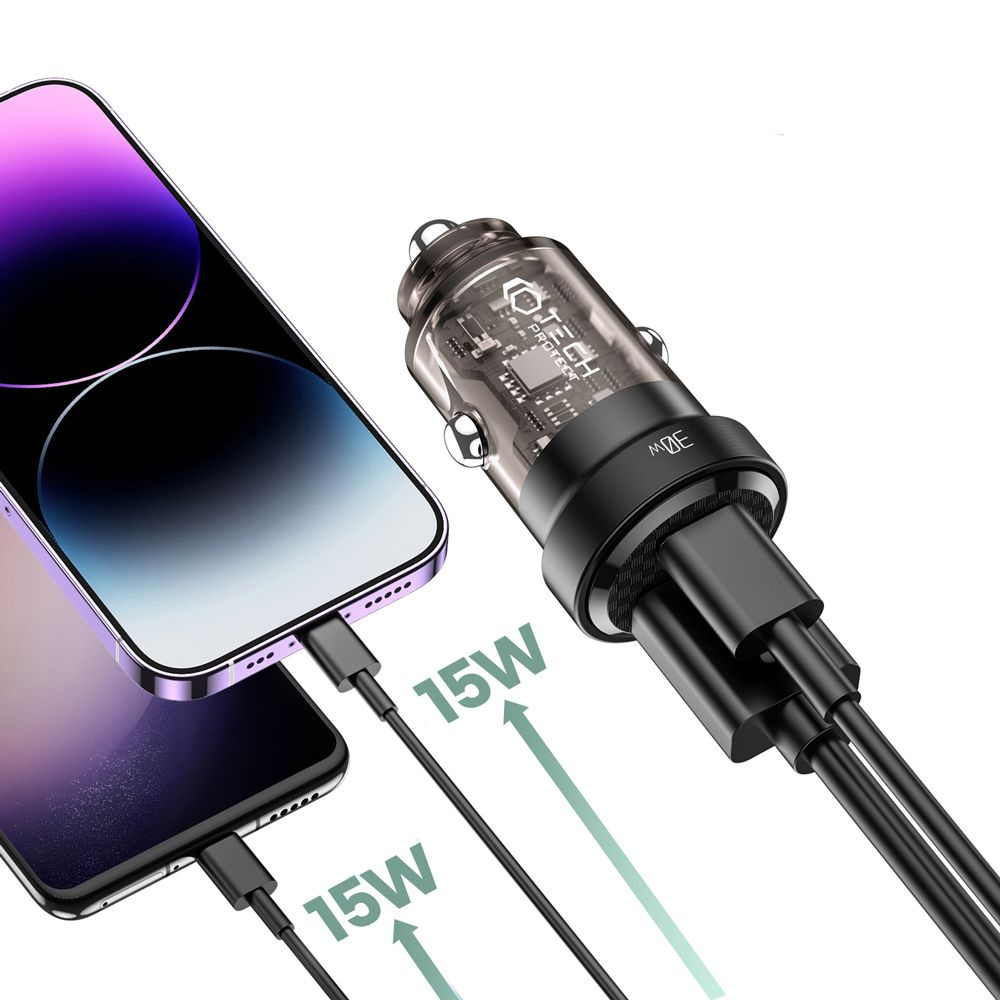 Kryt Tech-Protect CC30W 2-port Car Charger PD 30W QC 3.0 Black