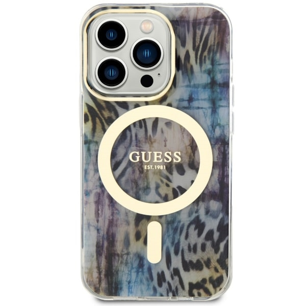 Kryt Guess GUHMP14LHLEOPWB Apple iPhone 14 Pro blue hardcase Leopard MagSafe