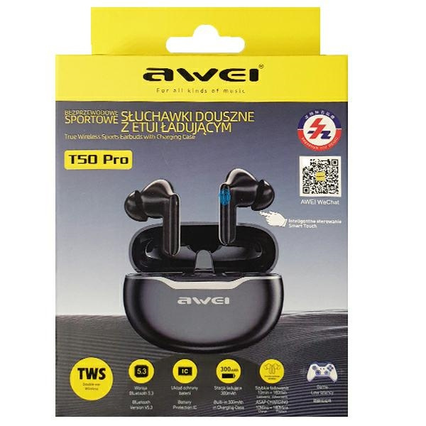 Sluchátka AWEI T50 TWS Bluetooth 5.3 ENC + docking station black