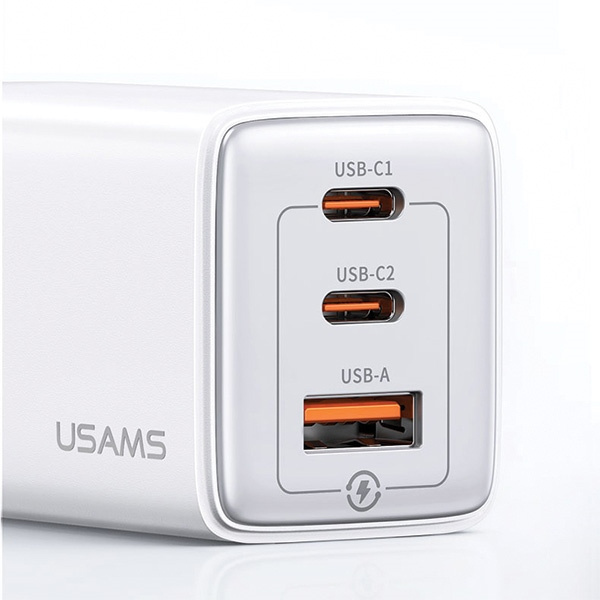 Síťová nabíječka USAMS CC180TC02  2xUSB-C+1xUSB-A 65W GaN PD+QC Fast Charging white Sandru Series