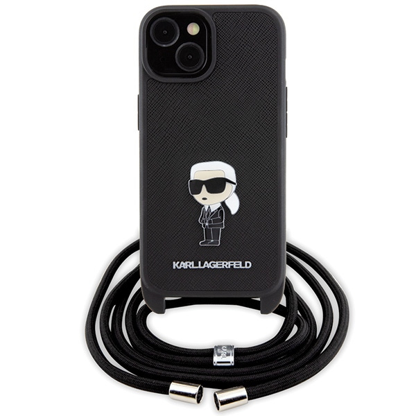 Kryt Karl Lagerfeld KLHCP15SSASKNPSK Apple iPhone 15 hardcase Crossbody Saffiano Monogram Metal Pin Karl & Choupette black