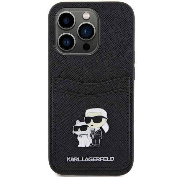Kryt Karl Lagerfeld KLHCP15LSAPKCNPK Apple iPhone 15 Pro hardcase Saffiano Cardslot Karl&Choupette Metal Pin black