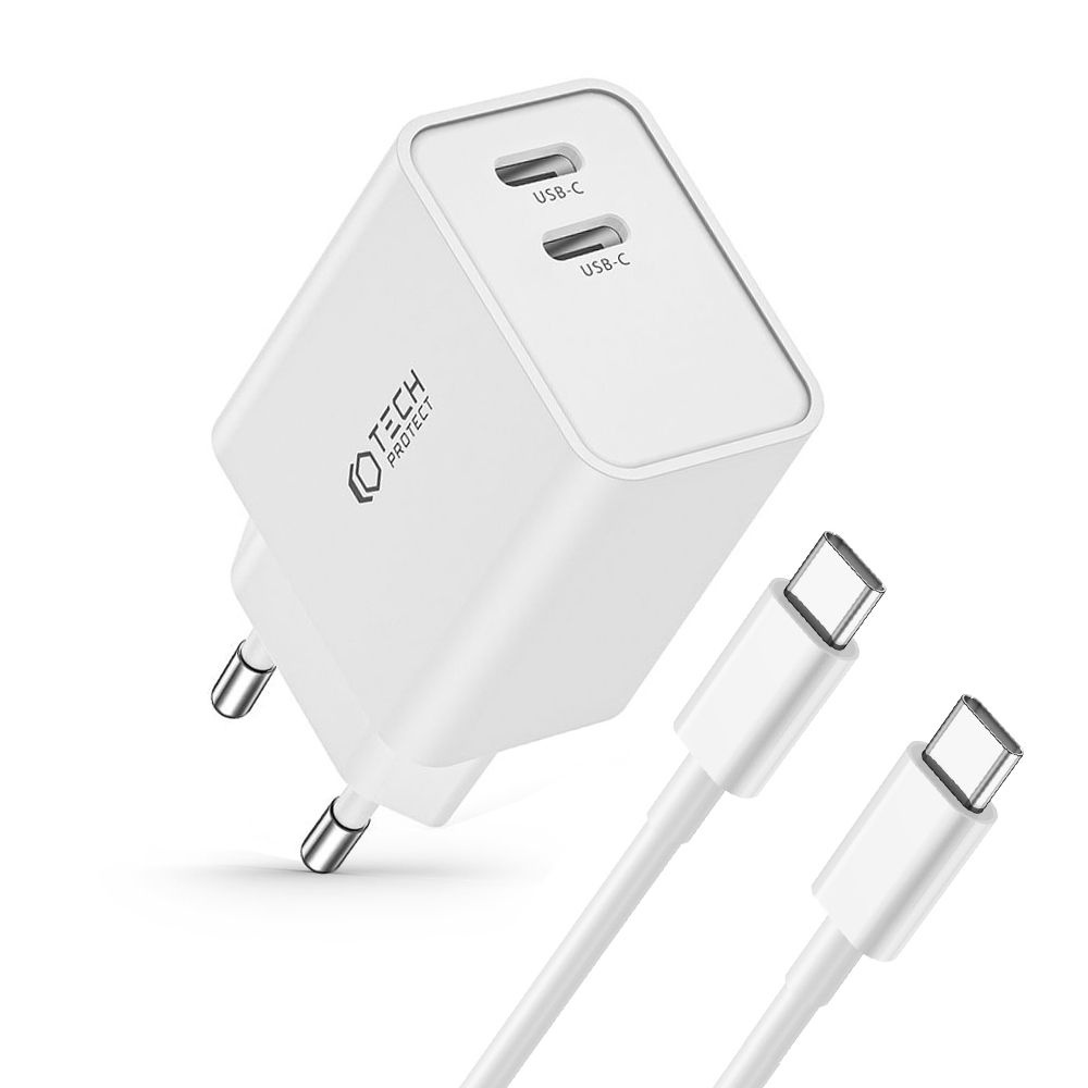 Síťová nabíječka Tech-Protect C35W, 2xUSB-C, PD, 35W  + USB-C cable white